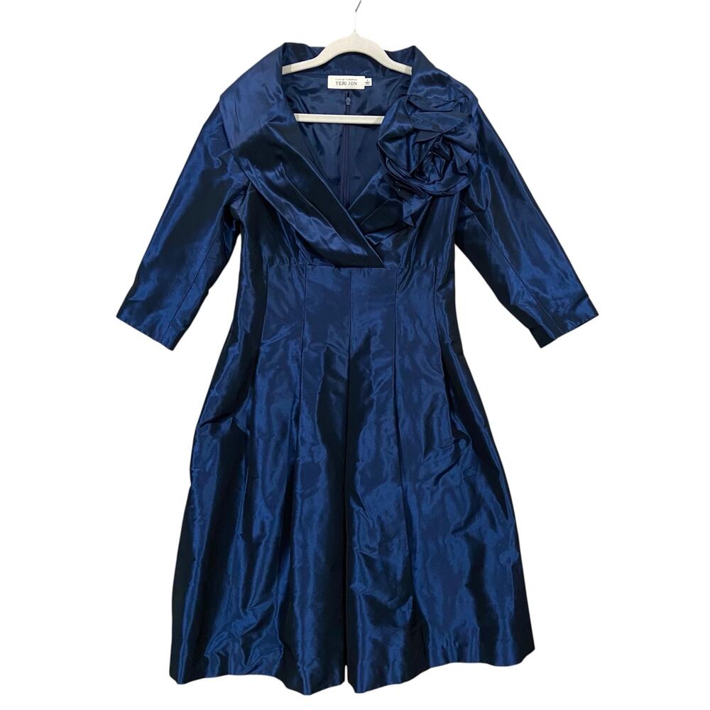 Teri Jon Rickie Freeman Blue 3/4 Sleeves V-Neck Midi Dress Size 8